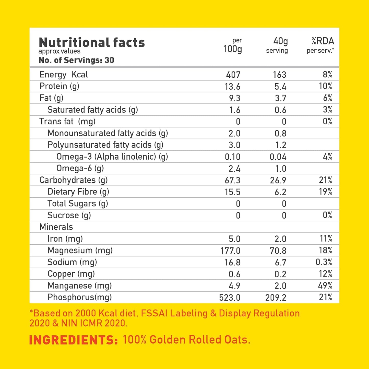 Yogabar 100% Rolled Plain Oats 400G