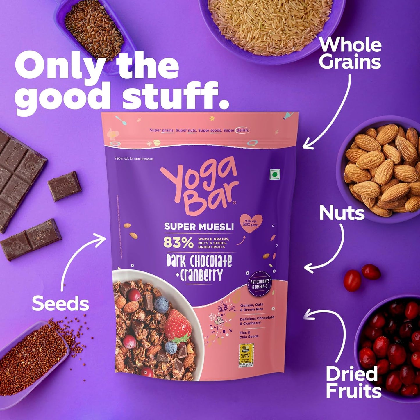 Yogabar Wholegrain Breakfast Muesli - Dark Chocolate and Cranberry, 700g