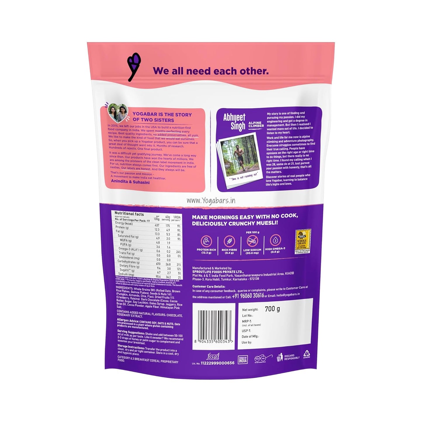Yogabar Wholegrain Breakfast Muesli - Dark Chocolate and Cranberry, 700g