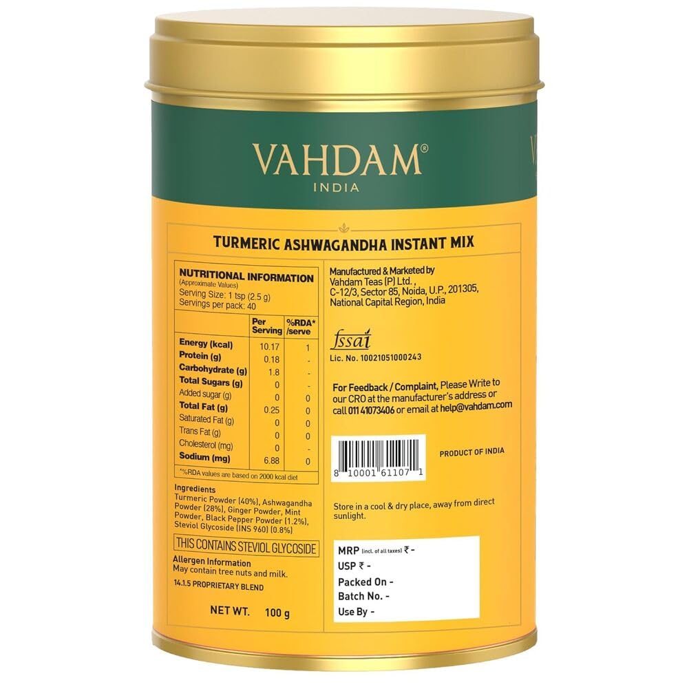 VAHDAM, Turmeric Ashwagandha Instant Mix (40 Cups) 100 g