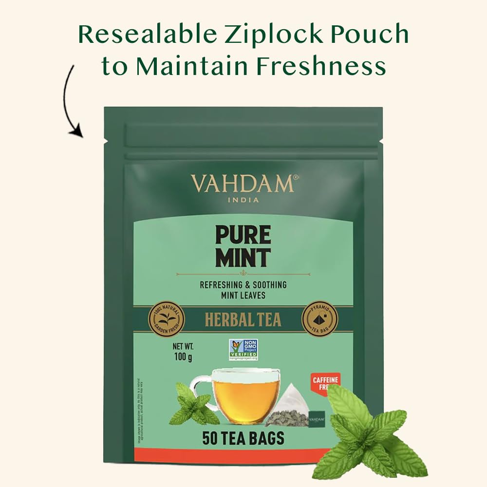 VAHDAM, Pure Mint Herbal Tea Bags (50 bags)