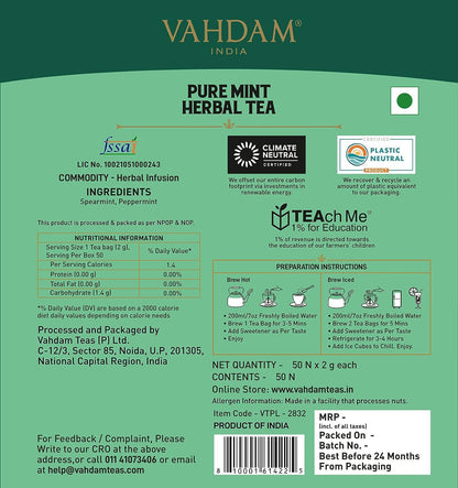 VAHDAM, Pure Mint Herbal Tea Bags (50 bags)