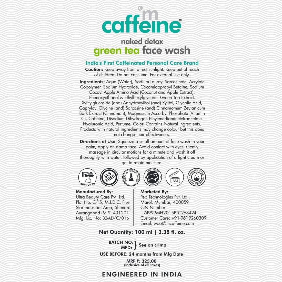 mCaffeine Vitamin C Face Wash for Women with Green Tea & Hyaluronic Acid, 100ml