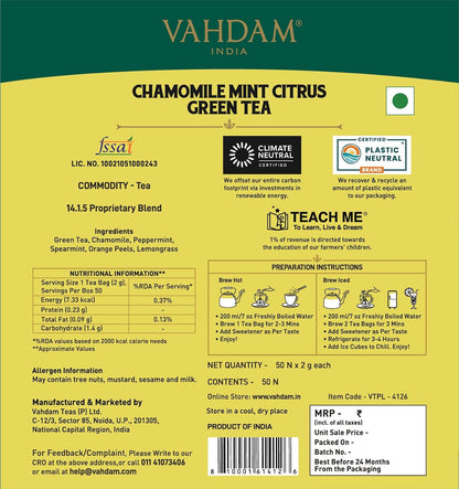 VAHDAM, Chamomile Mint Citrus Green Tea Bags (50 bags)