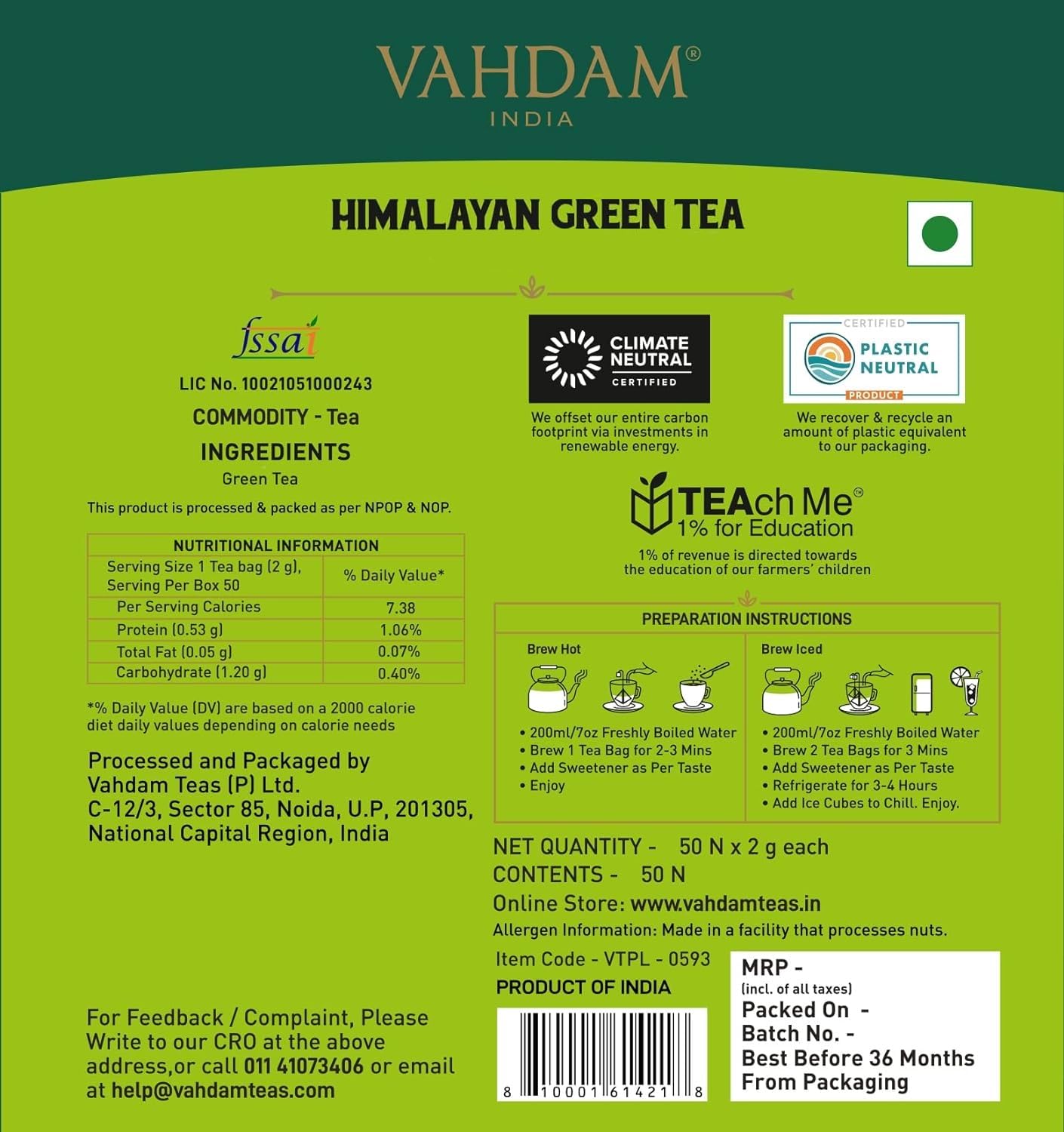 VAHDAM, Organic Himalayan Green Tea Bags (50 Green Tea Bags)