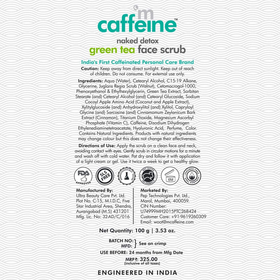 mCaffeine Green Tea Face Scrub with Vitamin C & Walnut for Women & Men, 100gm